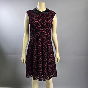Betsey Johnson Black Lace Overlay on Dark Pink Dress with Peter Pan Collar